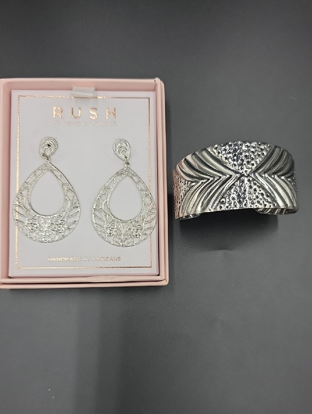 RUSH Silver Filigree Teardrop Earrings & Textured Silver Cuff Bracelet